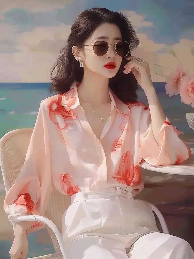 Woman Top Summer Chiffon Full Long Sleeve Shirts Blouses for Women Aesthetic Clothing Trend 2025 M Modern Tall Fashion Xl Y2k