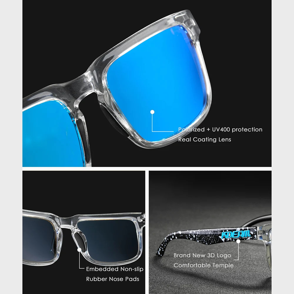 KDEAM High Quality Men Square Sunglasses Colors Sports Polarized Sun Glasses Reflective Coating Mirrored Lens UV400 250616