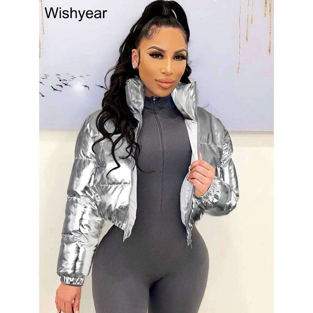 Metallic Siery Shiny Puffer Parka Cropped Jacket Women Long Sleeve Stand Collar Zip Up Winter Warm Coat Street Outerwear New