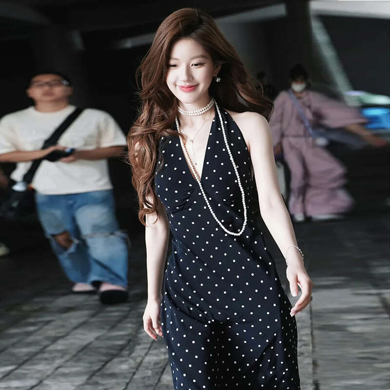 Women Dresses Sexy Bodycon Dresses for Women 841 Zhao Lusi Same Style Summer New 2025 Polka Dot Print Deep V-neck Backless Slim Fit Silk Dress