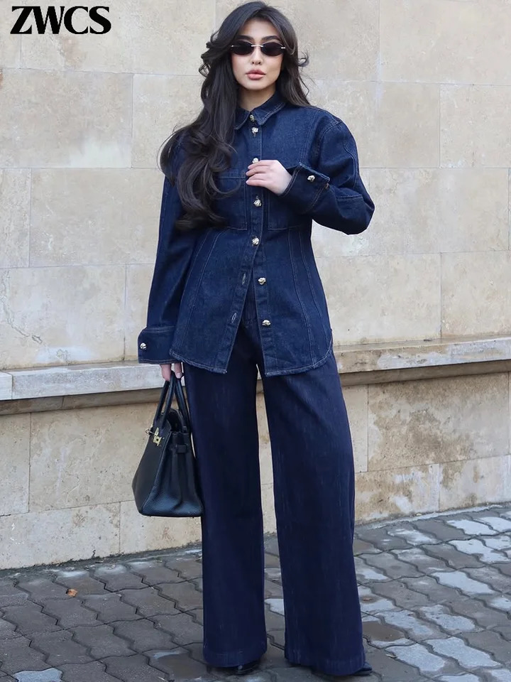 Fashion Denim Jackets Jeans Suit Women Street Lapel Single Breasted Pockets Jacket Loose Denim Pants 2025 Ladies Vintage Set 250616