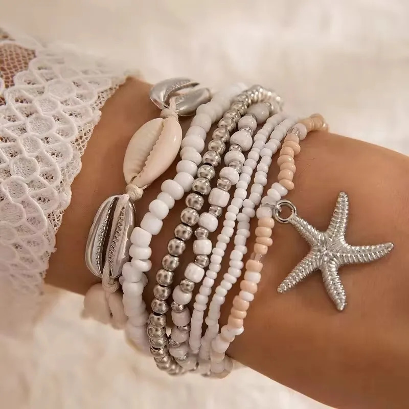 Tocona Bohemian Resort Style Shell Beaded Weaving Bracelet Beach Style Starfish Rice Beads Seven Piece Set for Women 25134 250616