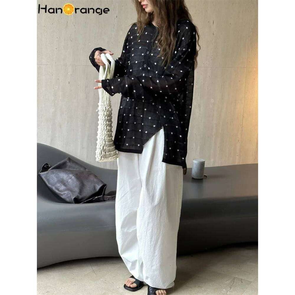 HanOrange 2024 Summer Retro Lazy Polka Dot Knitted Sweater Women Lightweight Breathable Loose Knitting Top Apricot/Black