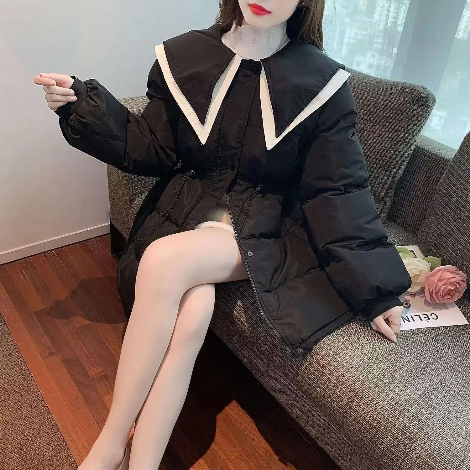 Slim Fit Zip-up Coats for Women Navy Collar Parkas Woman Korean Style Clothing Discount Outdoor Clothes Lined Modern Hot Jackets