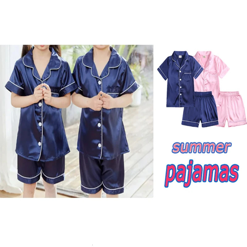 Comfortable Summer Pajama Sets for Boys Girls Silk Satin TopPant Long Sleeve Solid Silky Pyjamas Nightgown Children Sleepwear 250617