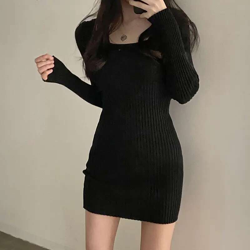 Female Dress Solid Short Extreme Mini Clothing Black Crochet U Neck Womens Dresses Bodycon Knit Long Sleeve New in One-piece