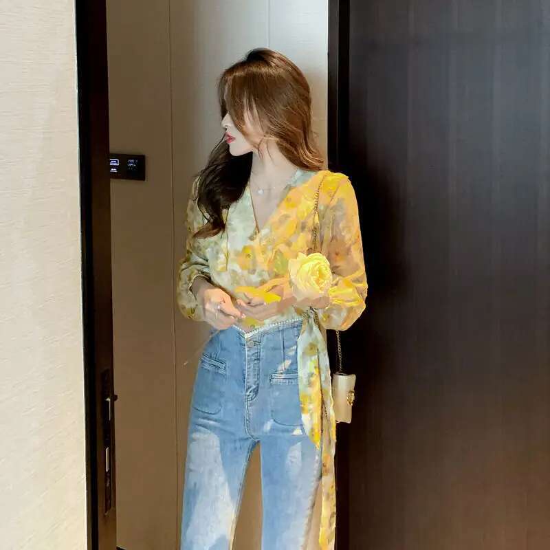 Top For Woman Chiffon Clothing Floral With Bow Womens Shirts And Blouses Long Sleeve Ruffle Frill Offer Stylish M Xxl Y2k