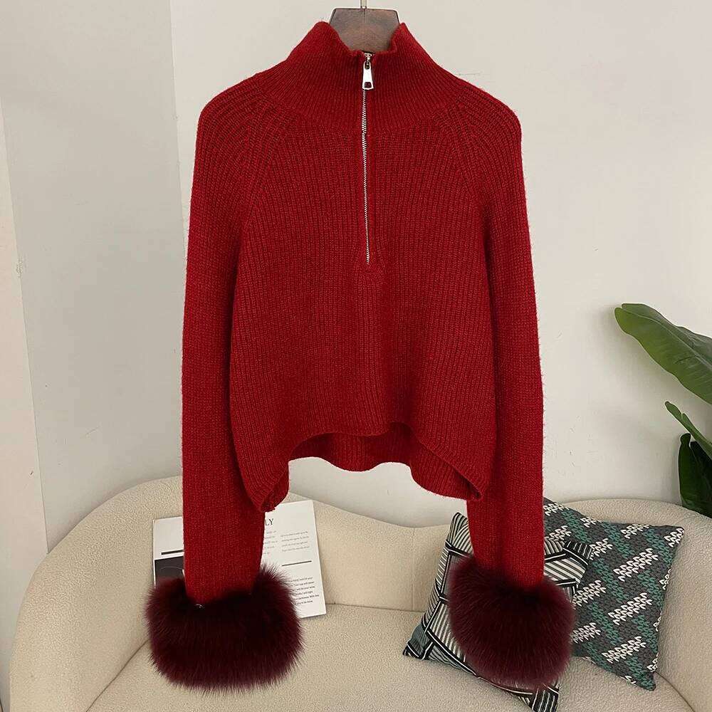 OFTBUY Spring Pullover New Women Zipper Underlay Loose Premium Sweater Female Autumn Knitwear Patchwork Real Fur Coat