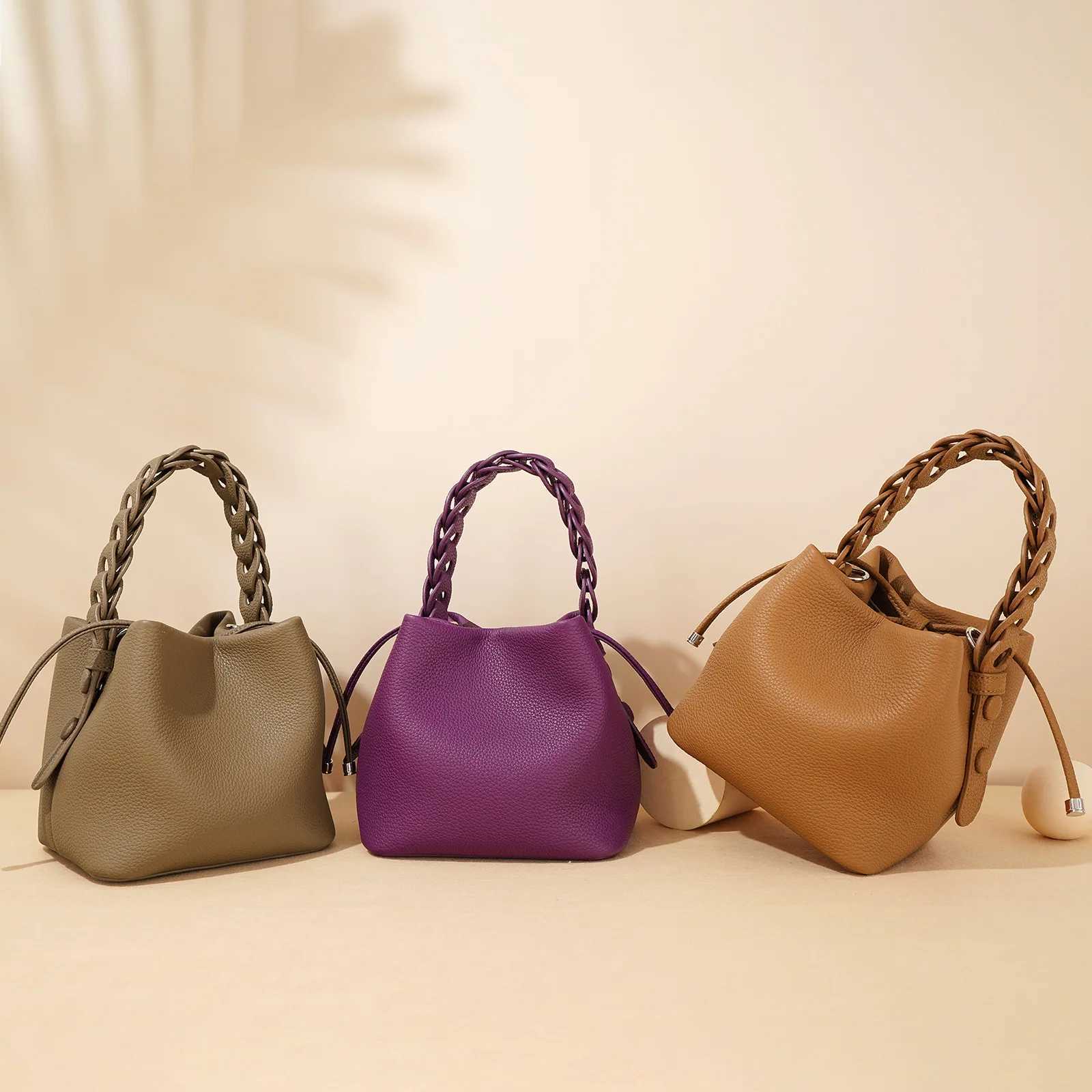 Spring Textured Genuine Leather Mini Bucket Bag Women Fashion All-Match Drawstring Design Commuter Handbags Lady Elegant Pouch Z250617
