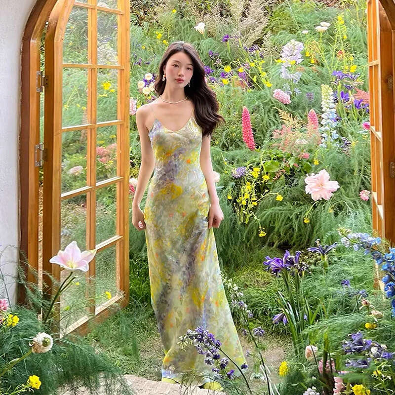 Bodysuit Birthday Dress Goth Dresses for Woman Party Women Dresses 836 Summer New 2025 Silk French Style Art Oil Painting Strap Long Vacation Dress