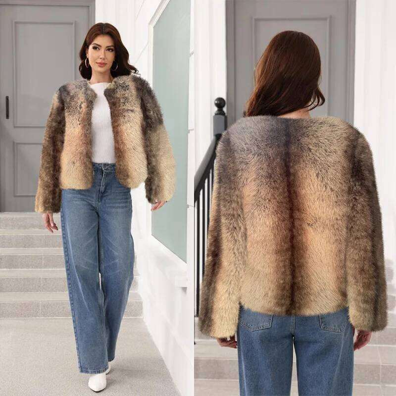 2025 New Autumn Winter Coat Women's Wide and Vertical Stripes Fox Round Neck Short Imitation Fur Jack