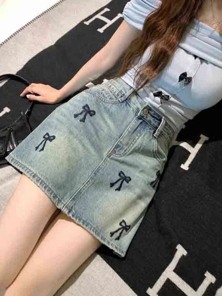 Blue Bow Jeans Skirts for Women Summer 2025 Aesthetic Clothing Sales Vintage Trend Korean Style High Quality Woman Denim Skirt