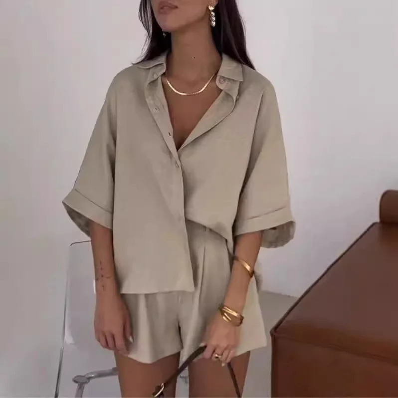 Simple Casual Solid Color Two-piece Set For Women Spring Half-sleeved Button Lapel Shirt Top Shorts Suit Summer Loose Chic Suit 250613
