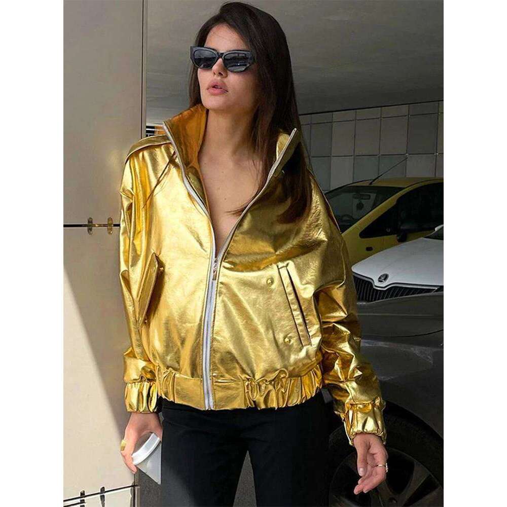 Glossy Jackets Women Casual Loose Lapel Zipper Fashion Coats Female 2024 Autumn Winter Long Sleeves Solid Street Outwears Lady