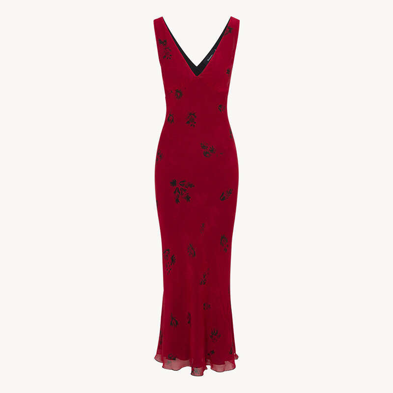Black Dress Partydress Vestido De Mujer 828 Summer New 2025 Red Printed V-neck Slim Fit French Style Mulberry Silk Dress