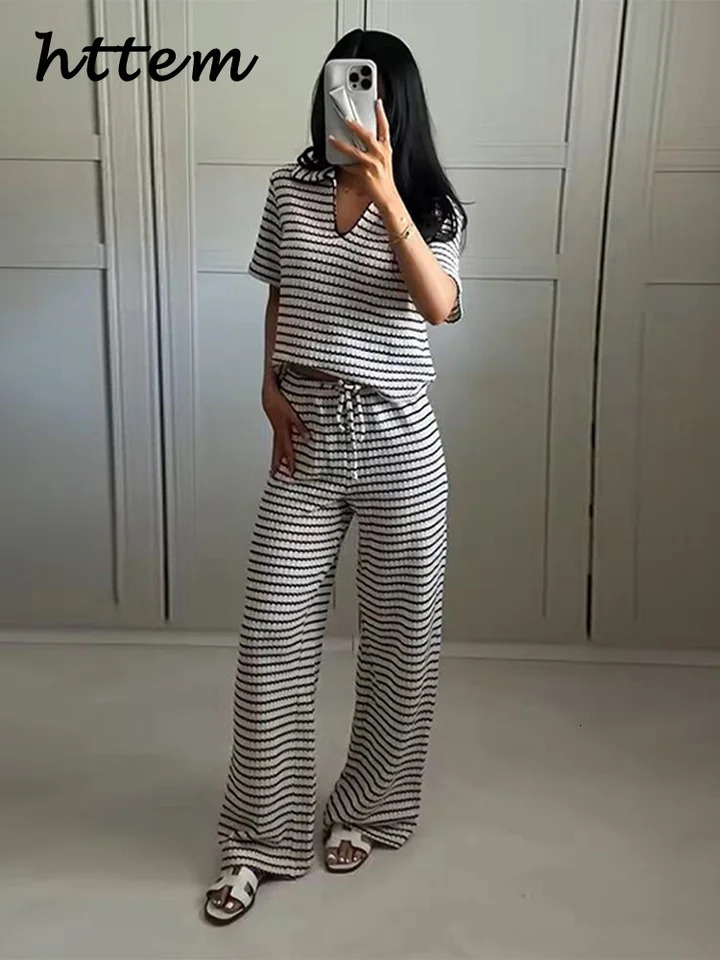 Casual Womens Knit Striped Pullover Pants Set Loose Polo Collar Short Sleeve T-shirt Drawstring Wide Leg Pant 2025 Lady Outfit 250616