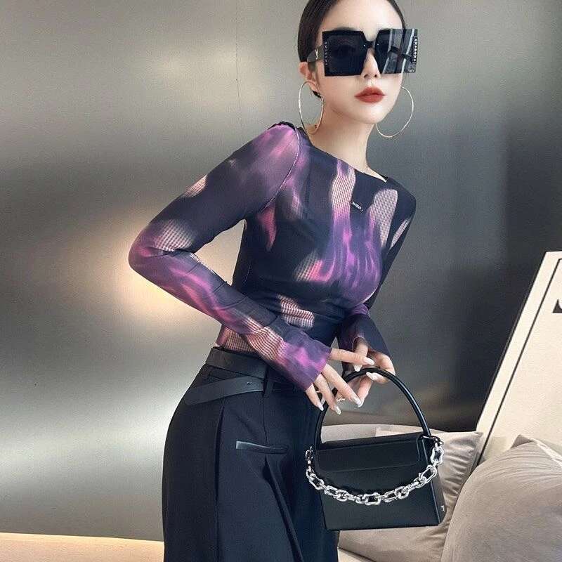 Top for Women Woman T-shirt Slim Tshirt Purple Clothing 2025 Mesh Tee Skinny Xxl 90s Vintage Pulovers One Piece Fine Elegant Old
