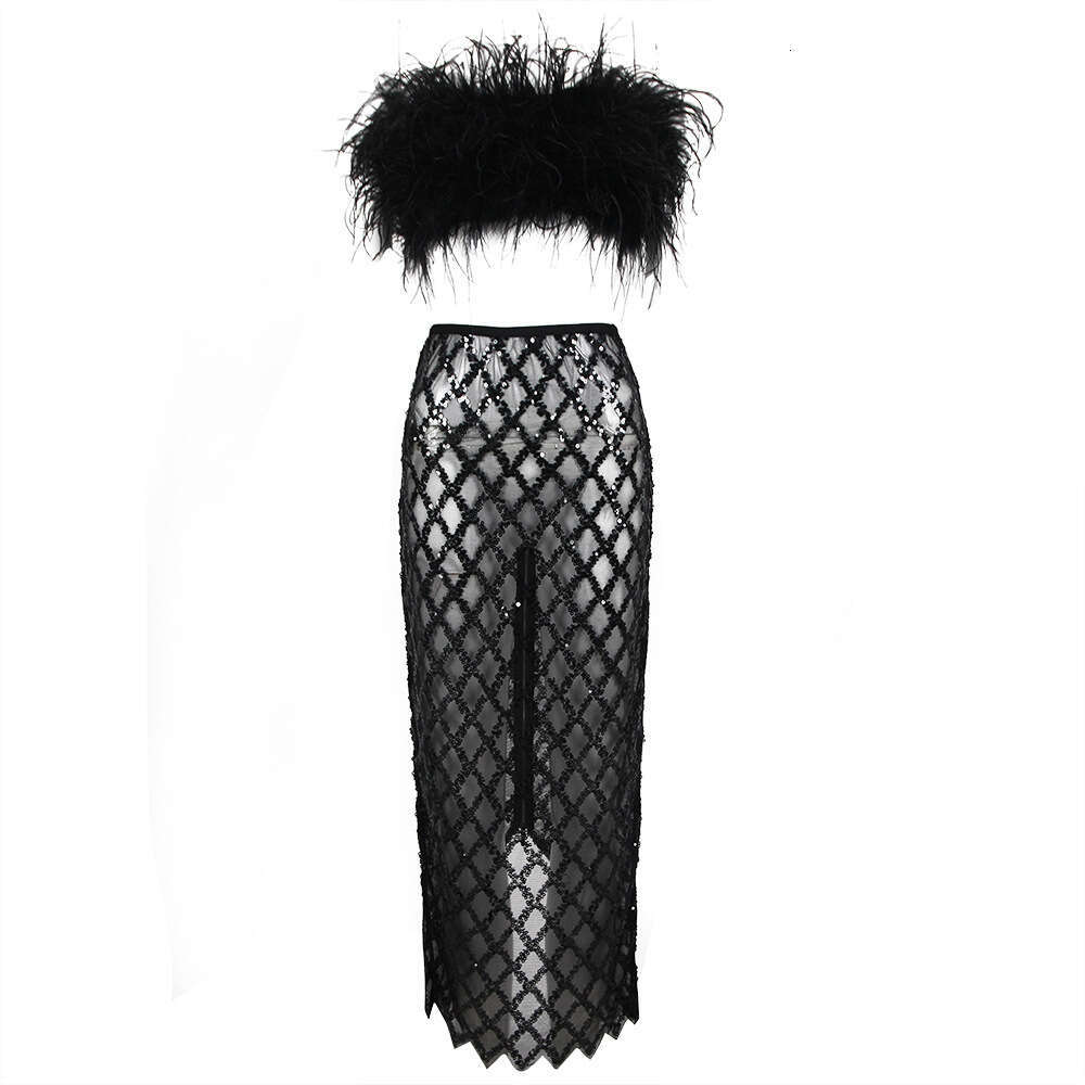 Autumn New Sexy Feather Strapless Black Sequin Mesh Long Dress Bandage Gown