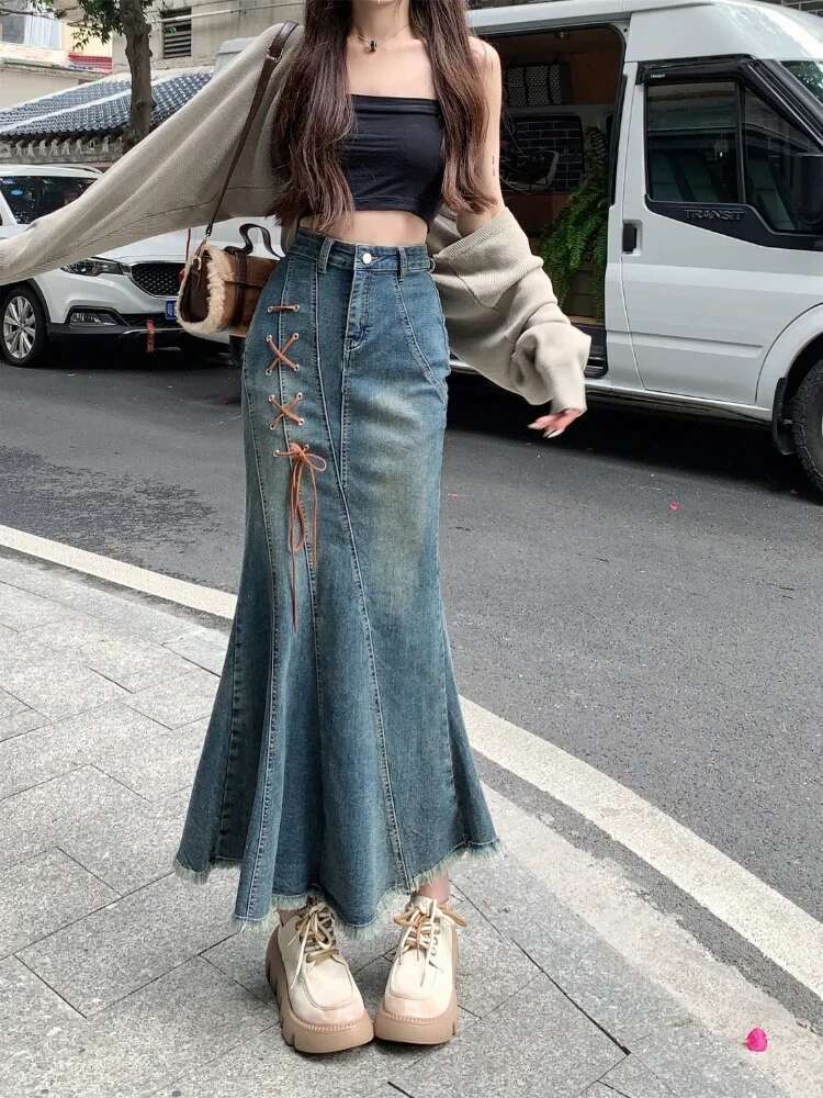 High Waist with Strings Gyaru Jeans Skirts for Women Blue Clothing Sales Summer 2025 Y2k Vintage Modest Trend Woman Denim Skirt