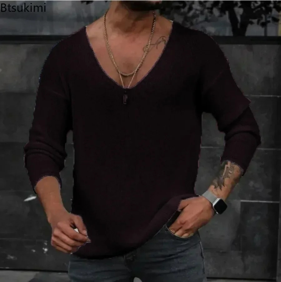 2025 Mens Casual Long Sleeve Knitted Sweaters Tops Solid Fashion Pullover Tops For Men Harajuku V-neck Streetwear Jumper 250616