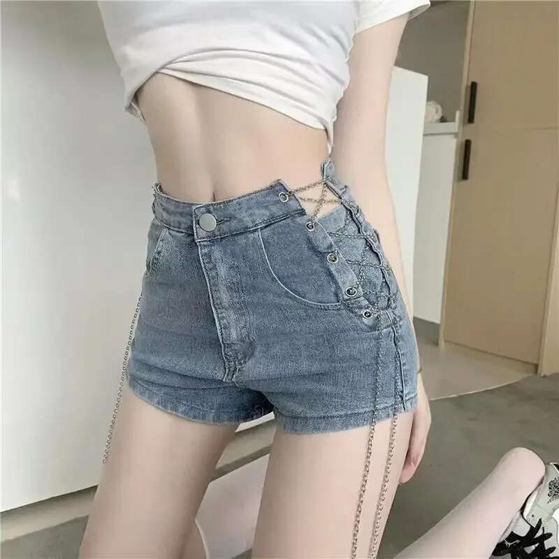 Light Blue With Waist Pocket Short Jean Pants Woman Y2k Vintage Korean Style Harajuku Fashion Trend 2025 Denim Shorts for Women