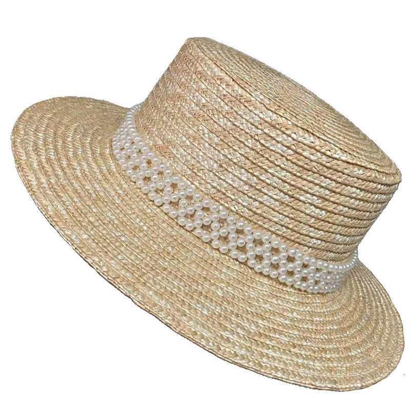Japanese Internet Celebrity Pearl Straw Hat for Women Summer Beach Sunshade Sun Protection Sun Hat Travel Vacation Flat Top Hat 250615