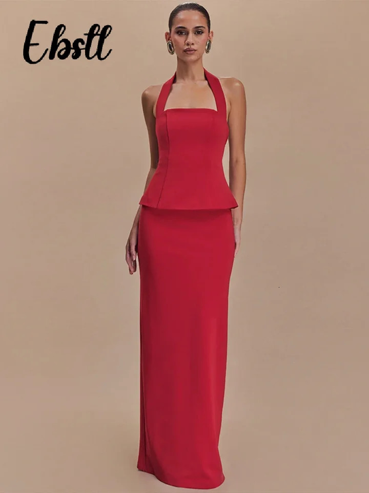 Elegant Halter Top Skirts Set Women Solid Backless Sleeveless Crop Tops Split Long Skirt 2025 Spring Summer Ladies Outfits 250614