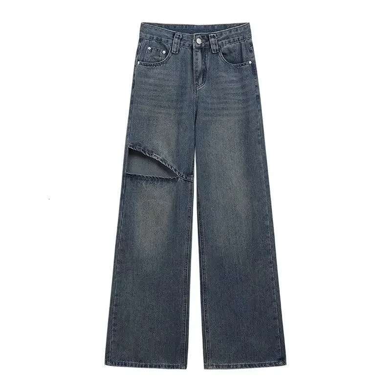 With Holes Womens Jeans Wide Leg Female Cowboy Pants on Sale Clothes Harajuku Fashion 90s Shiny Teenagers Vibrant Cool Trousers