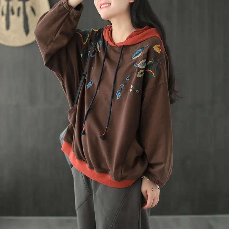 Brown Hoodies Embroidered Female Clothes Hooded Red Sweatshirts for Women Loose Green Baggy Tops Aesthetic Thick Goth Trend Emo