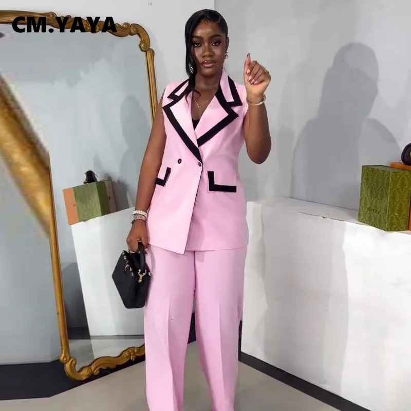 CMYAYA Fashion Womens Set Striped Patchwork Sleeveless Tank Blazer Top and Wide Leg Pants Suit Two 2 Piece Sets Outfits 250612