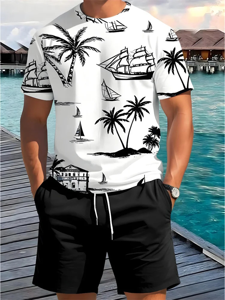 2 Piece Summer Casual Everyday Mens Short Sleeve Shorts Set Hawaiian Print Mens T-shirt Outdoor Sports Mens Beach Shorts 250616