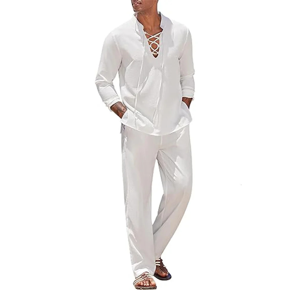 2pcs Set Mens Cotton Linen Shirt and Pants Suits for Men Beach Wear Tracksuit Solid Color Shirts Sweatpants Hawaiian Vacation 250616