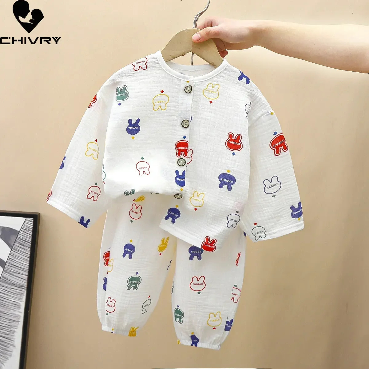 Kids Summer Thin Pajamas Sets Boys Girls Cartoon Three-quarter Sleeve Cotton Yarn Shirts with Pants Baby Loungewear 250617