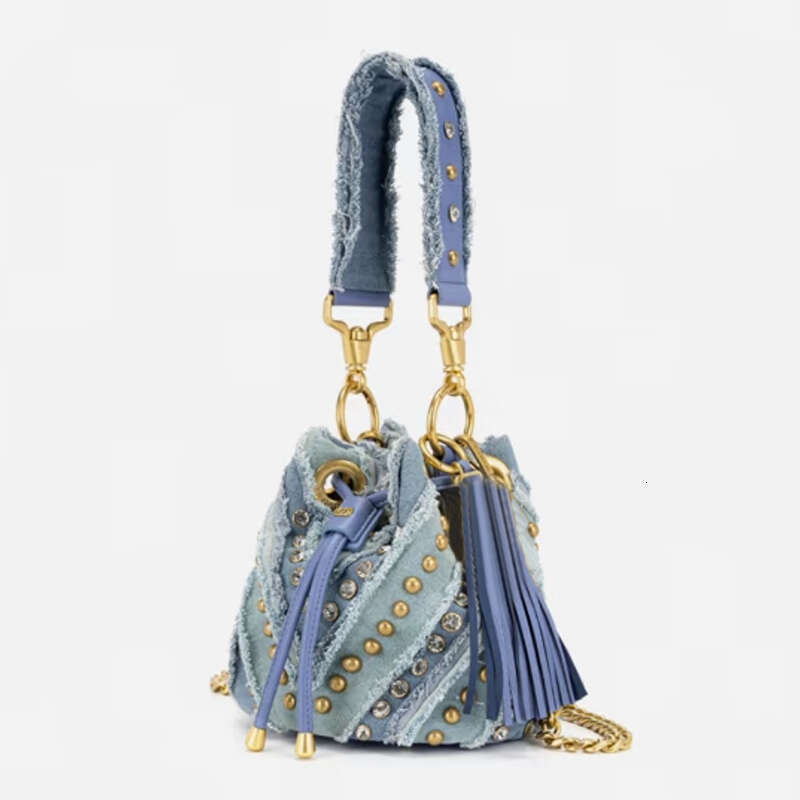 Niche Design Rivet Quilted Denim Drawstring Single Shoulder Bucket New Trendy Women s Bag