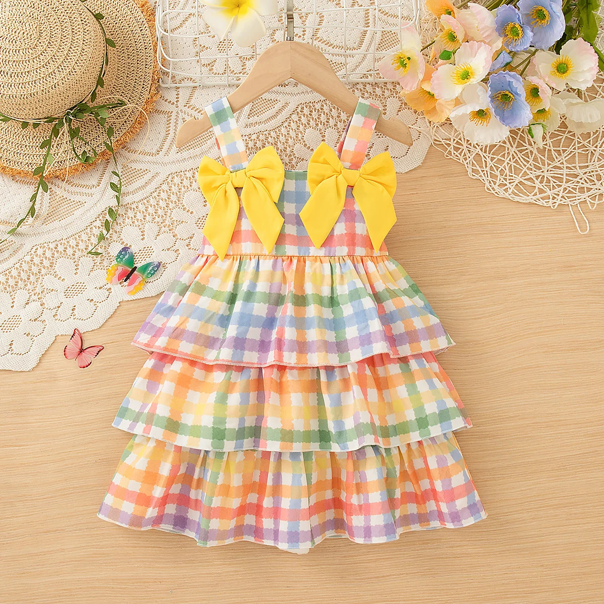 Yellow Bow Sling Baby Girl Dress Summer Colorful Checkered ChildrenS Clothing 6 Months -3 Years Old 250617