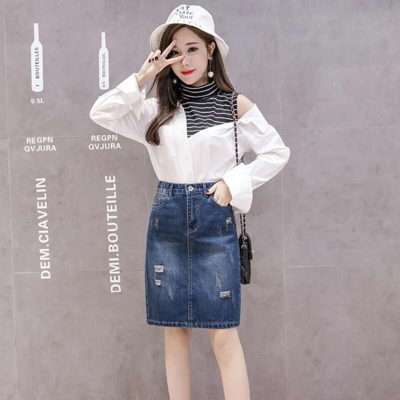 Midi Womens Denim Skirt Female Jeans Skirts with Pocket To Knees Length Chubby Ripped Zipper High Waist Blue Stylish 2025 Trend