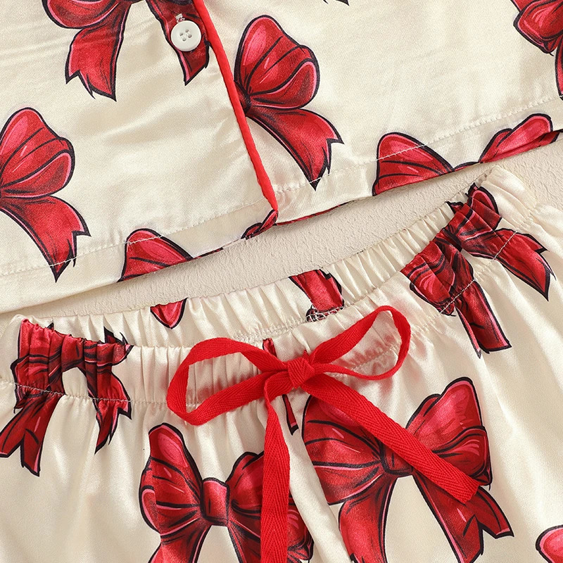Toddler Kids Baby Girls Summer Pajamas Sets Bow Print Button Turn-down Collar Short Sleeve Shirts Shorts Loungewear Outfits 250617