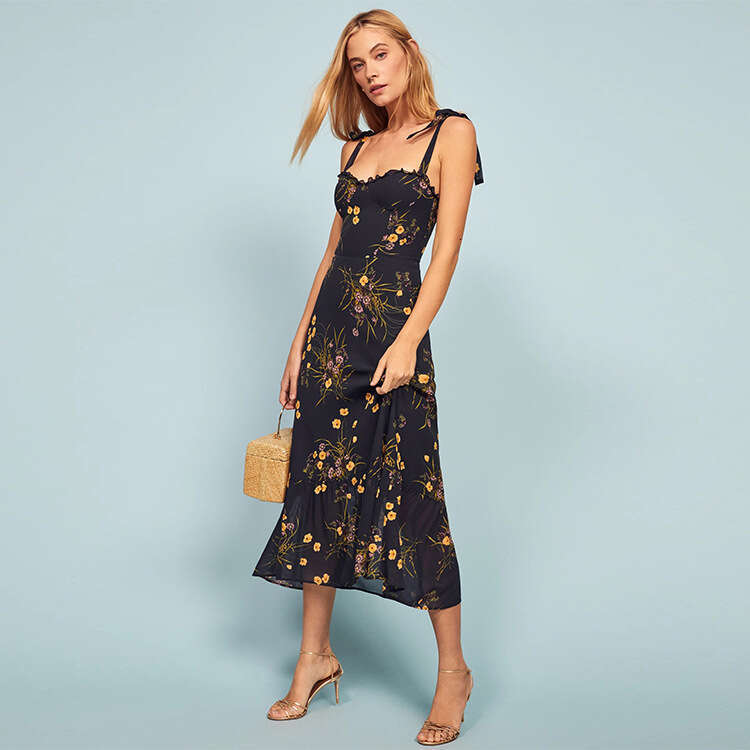 Vestido De Mujer White Dress Summer Dress 301 New 2025 Dilireba Same Style Black Floral Print Over-the-knee Mid-length Slim Fit Strap Dress