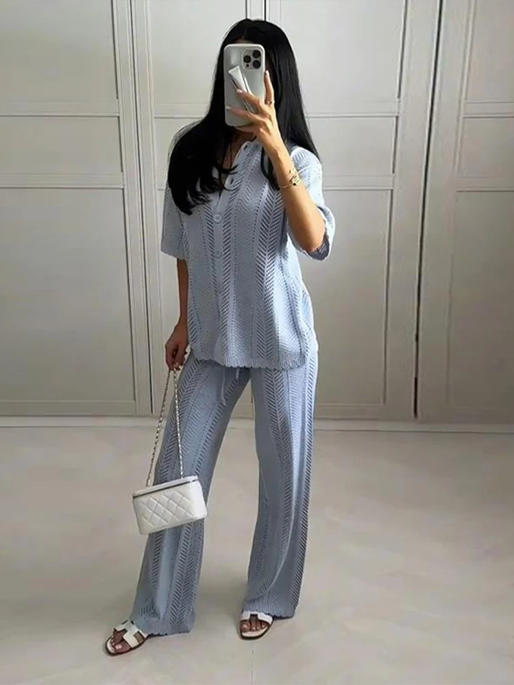 Casual Knit Pants Suits Women Lapel Short Sleeves Hollow Out Single Breasted Outfits Female 2025 Summer Elastic Waist Sets Lady 250616