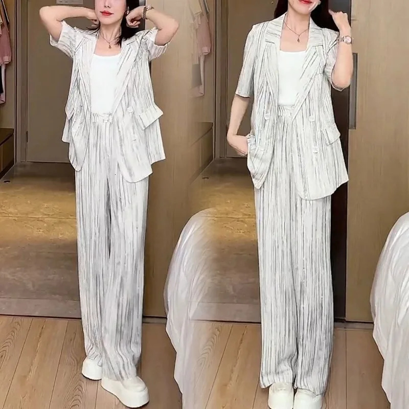 Summer Women Workwear Matching Sets Office Lady Casual Loose Short Sleeve Blazers Pants Outfits Jackets Trousers Suits 250612