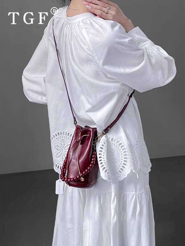 Beaded Handheld Bucket for Women Trendy Red New Chinese Style Drawstring Shoulder Crossbody Small Bag