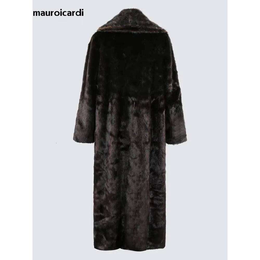 Mauroicardi Winter Extra Long Thick Warm Brown Fluffy Faux Mink Fur Coat Women Shawl Collar Elegant Vintage Overcoat 2025