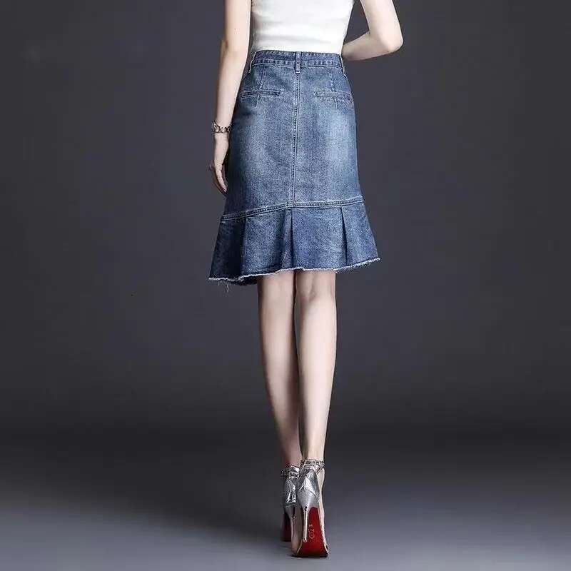 Blue Woman Denim Skirt Ruffle High Waist Luxury Elegant Vintage Streetwear Stylish Korean Fashion Modest Jeans Skirts for Women