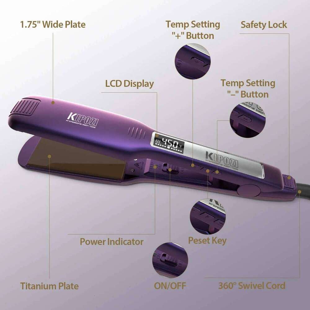KIPOZI Professional Titanium Hair Straightener Fast Heating 1.75 Inch Wide Plates LCD Flat Curling Iron Styling Tool