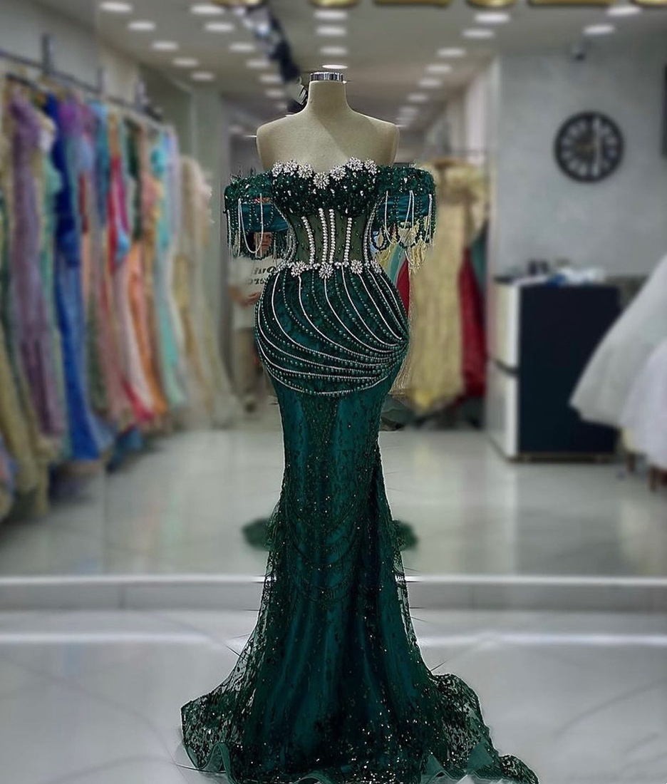 Aso Ebi Evening Dresses For Black Women Hunter Green Beaded Tassel Evening Gowns Beading Customized Red Carpet Dress
