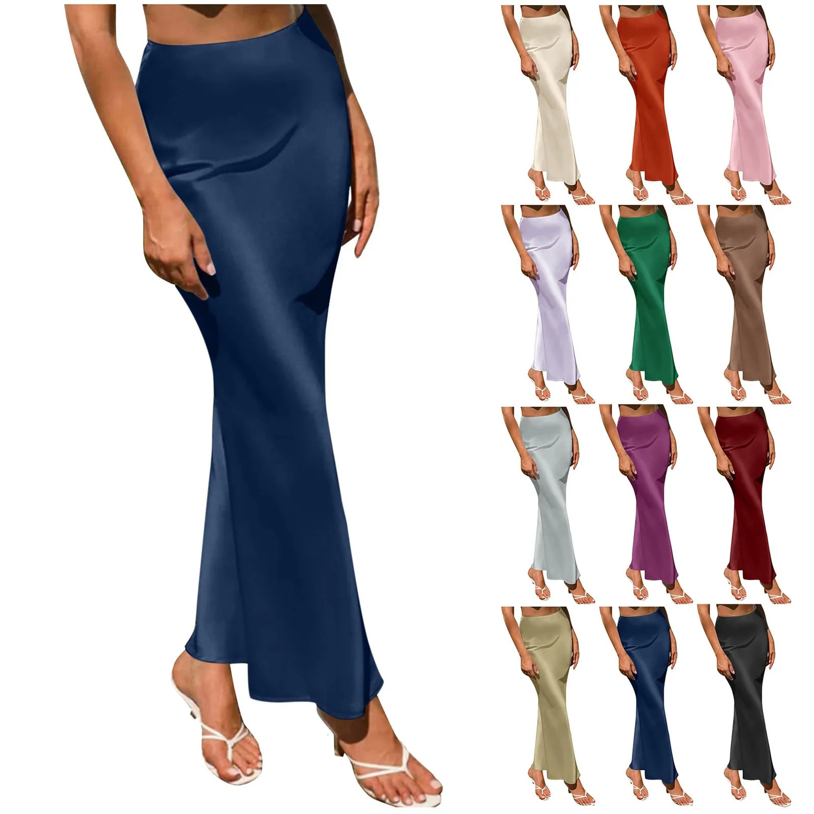 Elegant Women Solid Silk Satin Skirt Zipper High Waist Fishtail Skirt Spring Summer Ladies Fashion Party Long Skirts 250614
