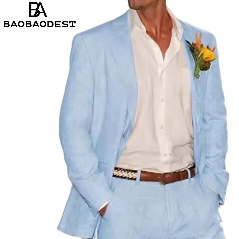 2 Light Blue/Beige Linen Notch Lapel Slim Fit Summer Men Suits 2 Piece Groom Tuxedos Blazer Pants Sets Wedding Prom Costume Hom 250617