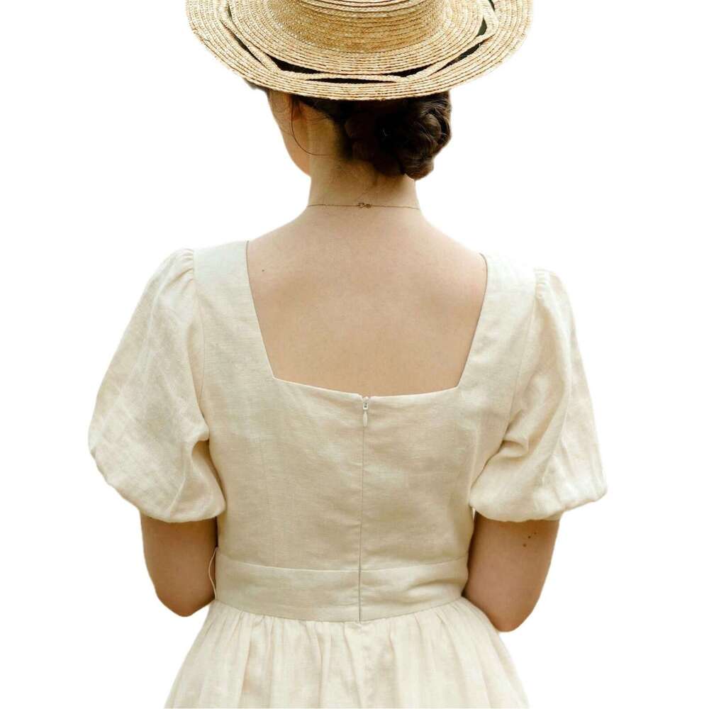 Partydress Promdress Plus Size Womens Clothing N599 Spring Summer 2025 Solid Color Square Neck Short Sleeve Mid-length Linen Dress French Style