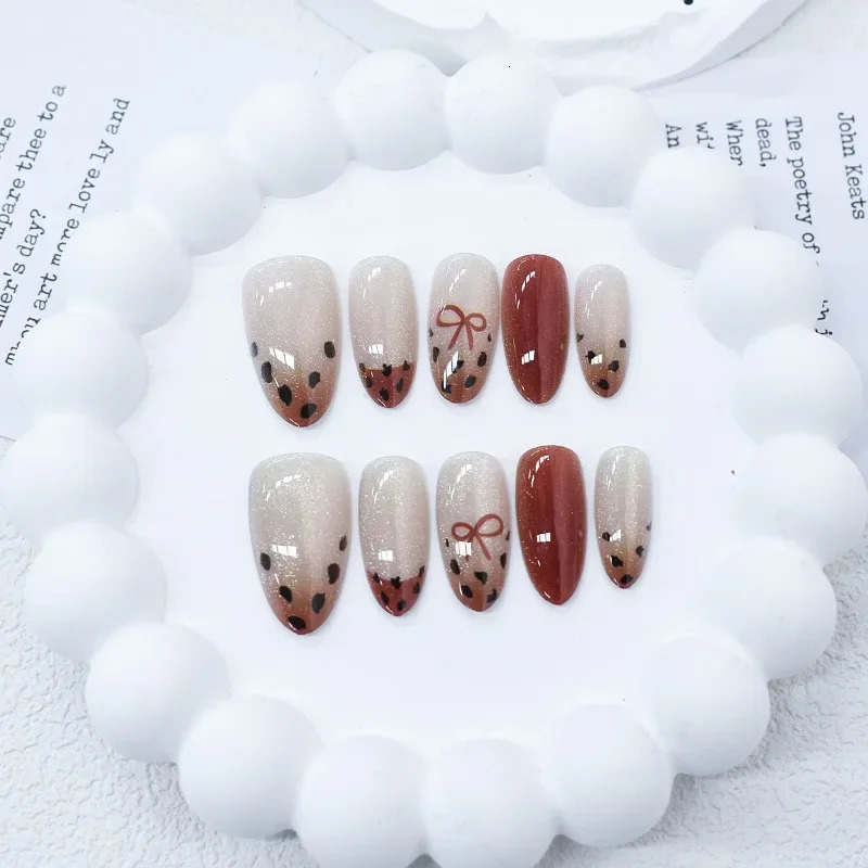 10Pieces Almond Semi-handmade Press on Nails Maillard Style Leopard Bow French Nail Tips for Women Girls Daily Wear Art 250612