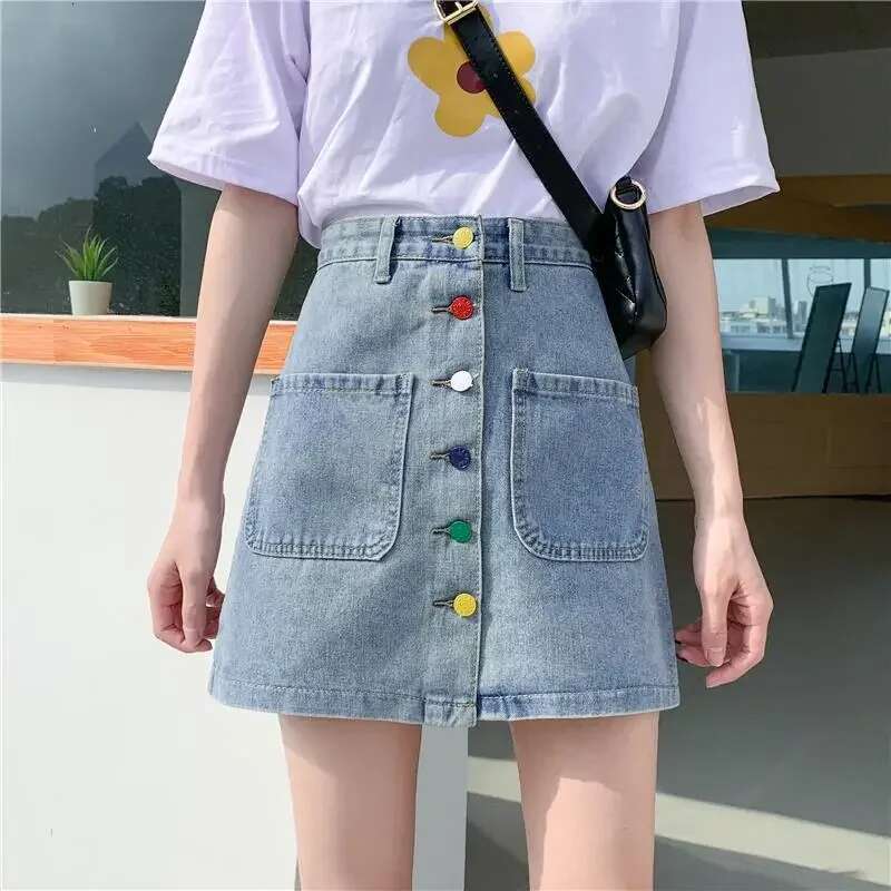 Woman Denim Skirt Short with Pocket Y2k Vintage Korean Fashion Chic and Elegant Clothing Sales High Waist Jeans Skirts for Women